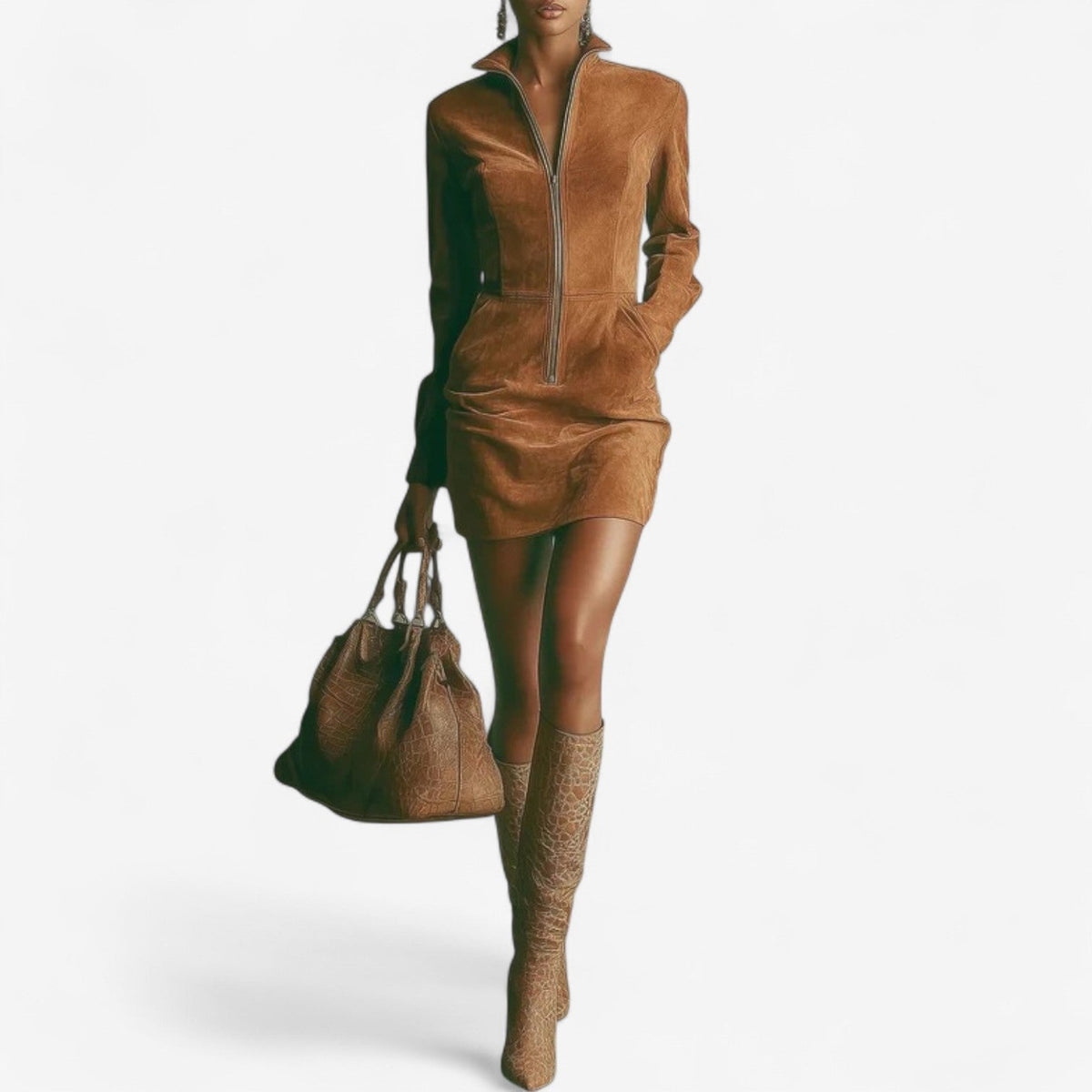 Women's Brown Dresses with a Front Zip | Adjustable Neckline, Soft Cut and a Lightweight Breathable Build | Size S-2XL