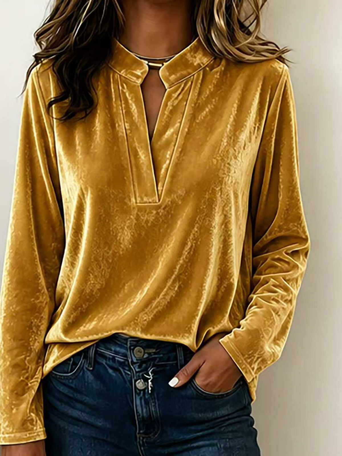 Women's Velvet Top with Stand Collar and Deep V Opening | Long Sleeves, Loose Cut | Sizes S to 3XL