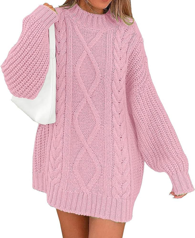 Women's Oversized Sweater Dress with Cable Knit Front | Balloon Sleeves, High Round Neck | Sizes S-XL, 7 Colors