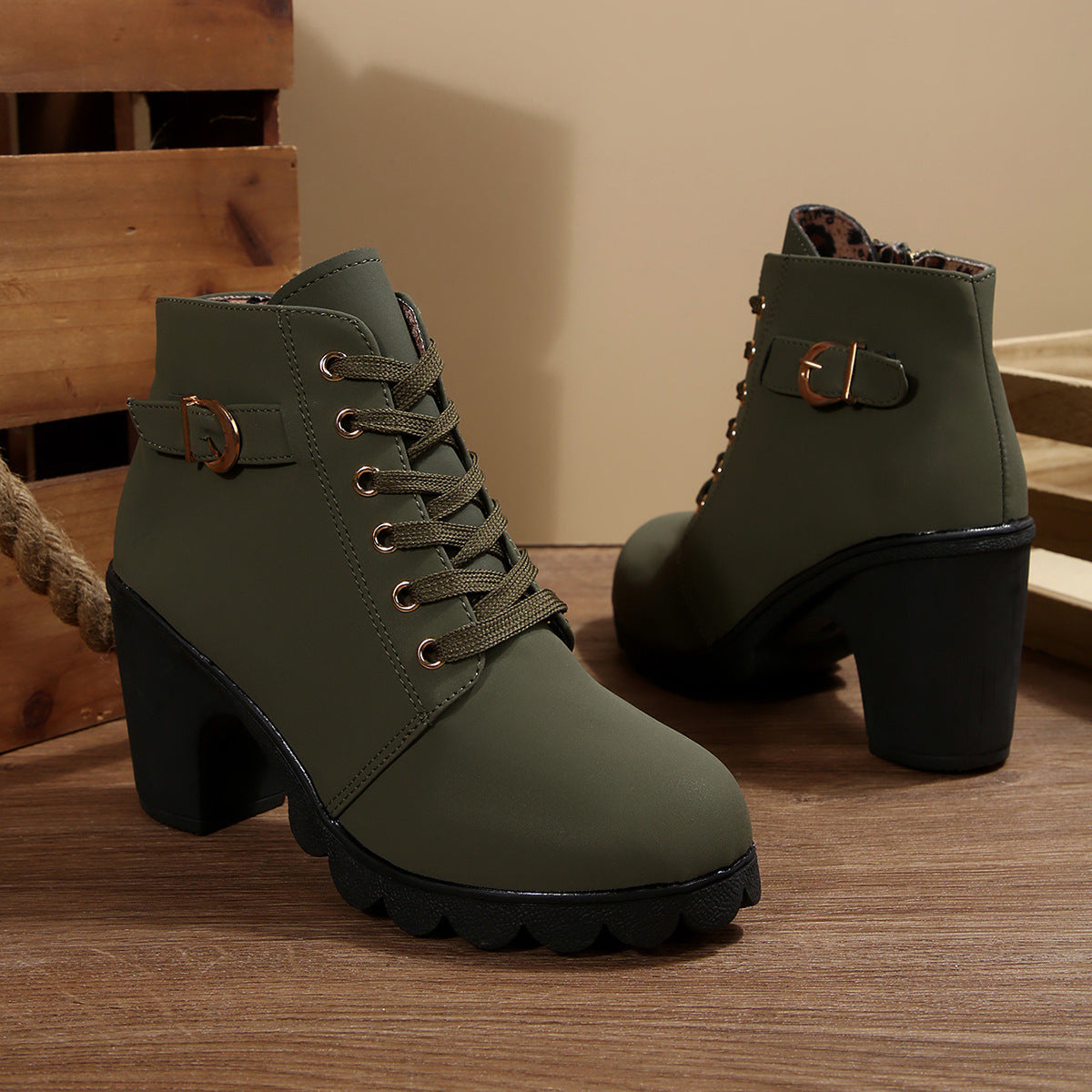 Women's Block Heel Ankle Boots with Gold Tone Eyelets | Buckle Tab, Side Zip, Deep Lug Outsole | Sizes 5.5-10, 6 Colors