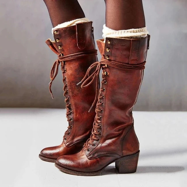 Women's Knee High Lace Up Boots with Block Heel | Studded Fold Over Cuff | Sizes 5.5-9.5, 5 Colors