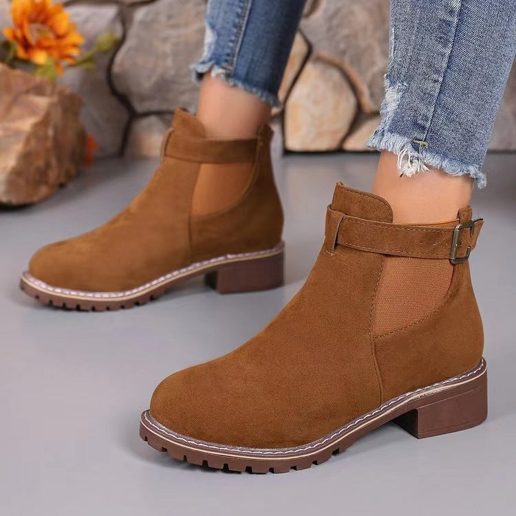 Women's Chelsea Ankle Boots in Suede Look | Buckle Trim, Low Block Heel, Treaded Sole | Sizes 5.5-11, 2 Colors