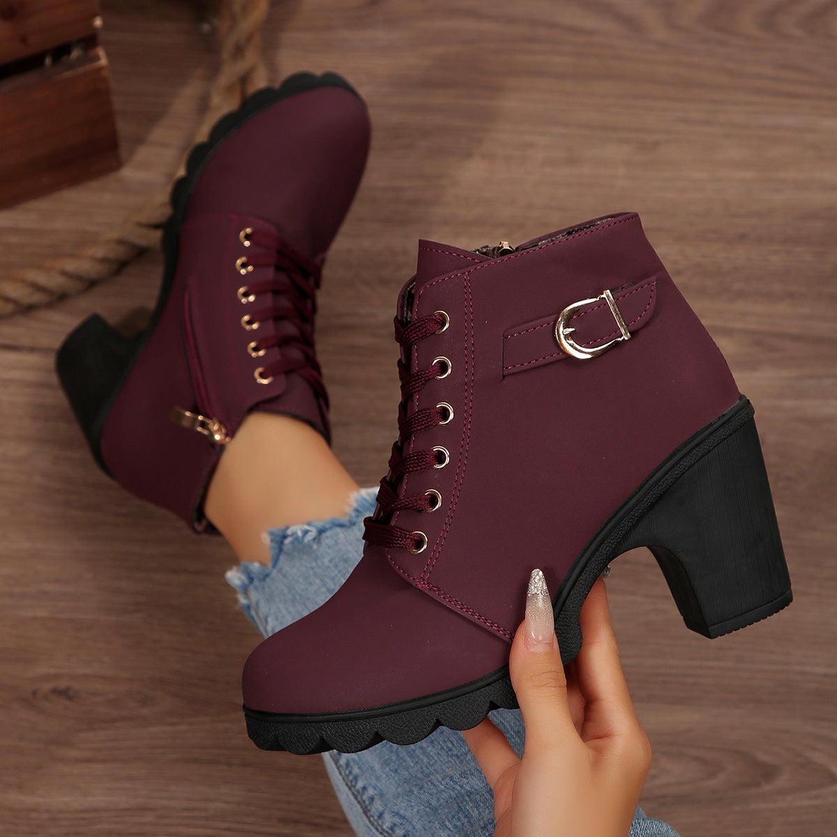 Women's Block Heel Ankle Boots with Gold Tone Eyelets | Buckle Tab, Side Zip, Deep Lug Outsole | Sizes 5.5-10, 6 Colors