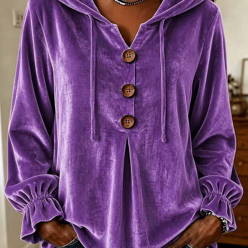 Women's Velvet Top with Hood and Drawstring | Decorative Button Placket, Ruffled Cuffs | Sizes S to 5XL, 5 Colors