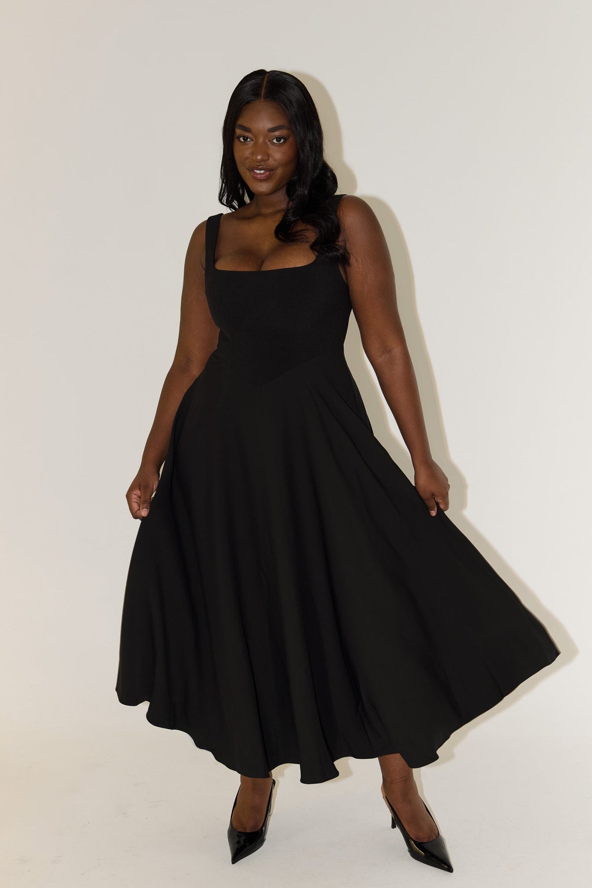 Women's Square Neck Midi Dress | Defined Waist and Flared Skirt for a Wedding Guest Look | Size XS-3XL, 4 Colors