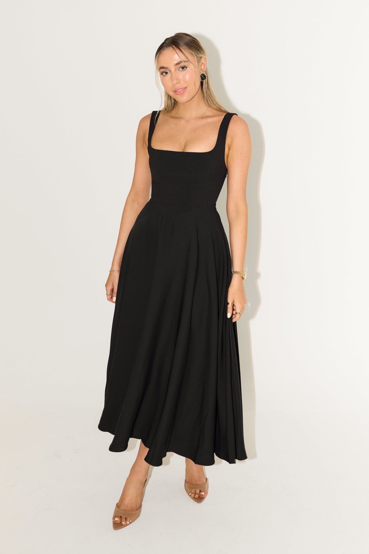 Women's Square Neck Midi Dress | Defined Waist and Flared Skirt for a Wedding Guest Look | Size XS-3XL, 4 Colors