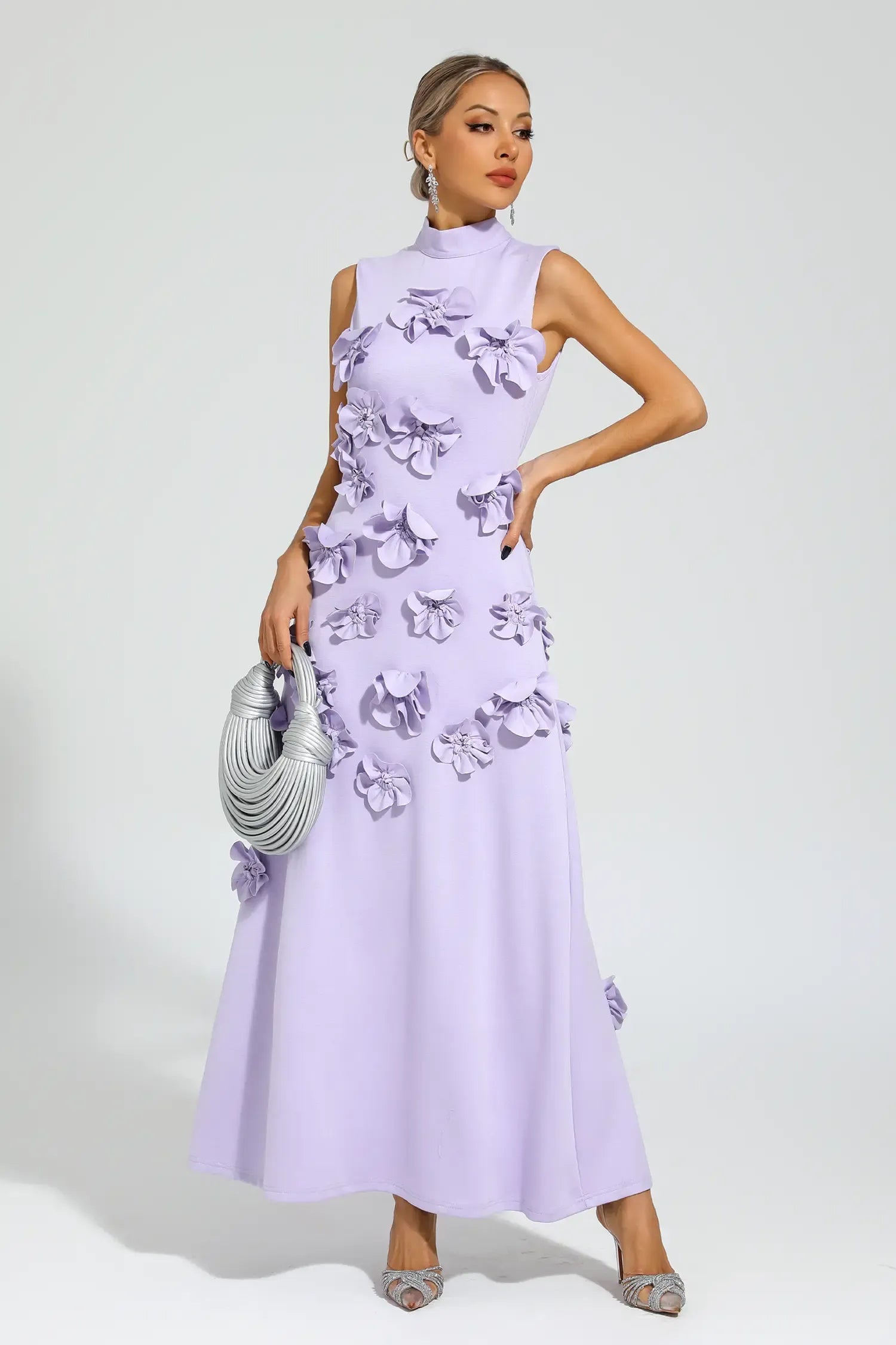 Maxi Dress with High Neckline and Embroidered Floral Detail