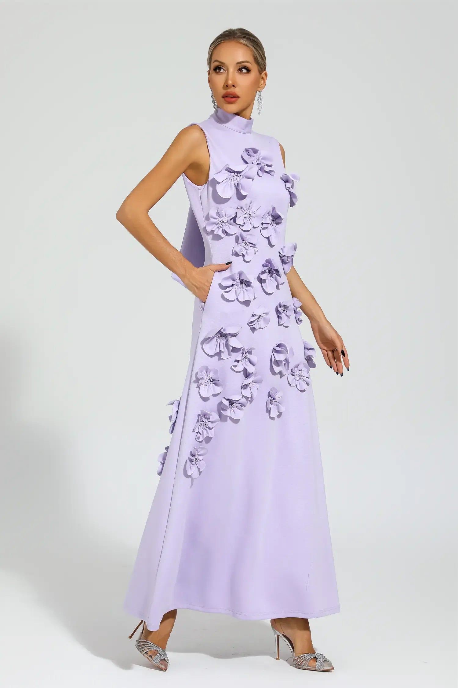 Maxi Dress with High Neckline and Embroidered Floral Detail