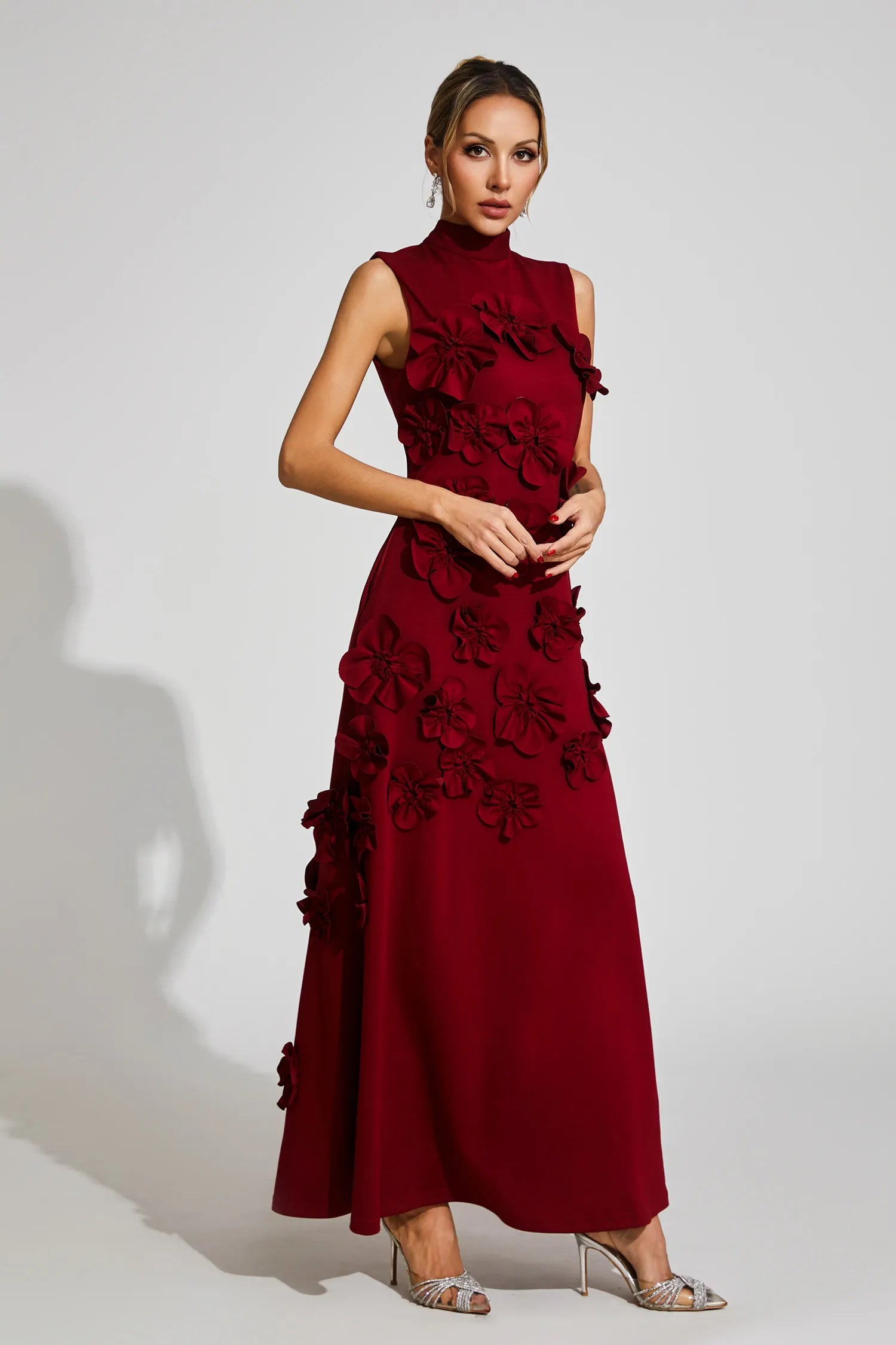 Maxi Dress with High Neckline and Embroidered Floral Detail