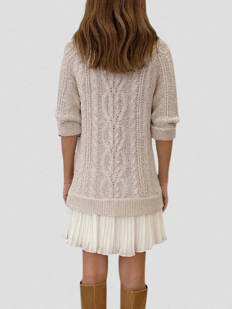 Women's Sweater Dresses for Fall in Cable Knit | Pleated Hem Flounce, Round Neck, Long Sleeves | Sizes S-3XL, 5 Colors