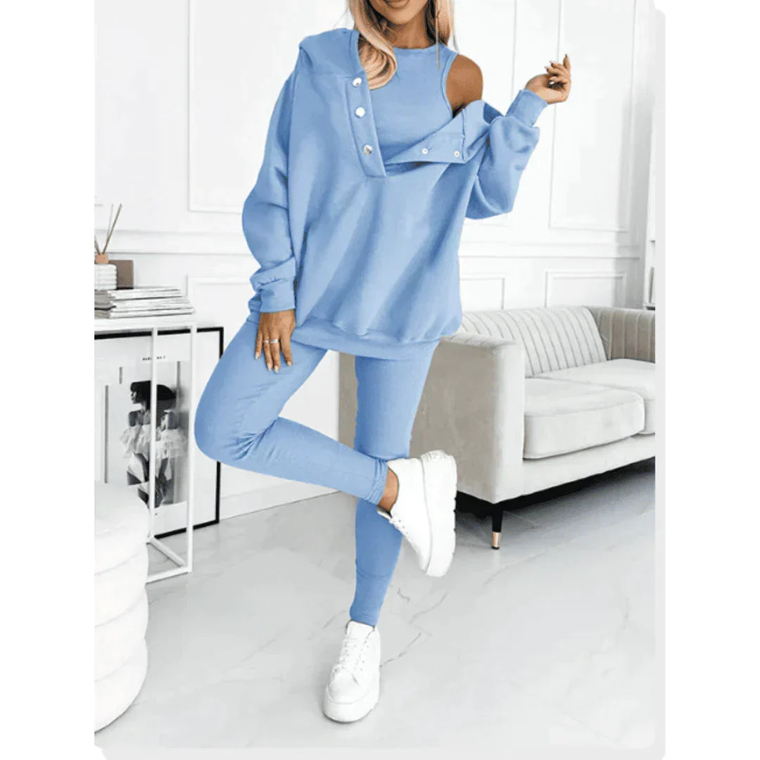 Women's 3-Piece Cotton Lounge Set with Sweatshirt and Pants | Relaxed Matching Outfit for Home and Days Out | Size S-3XL