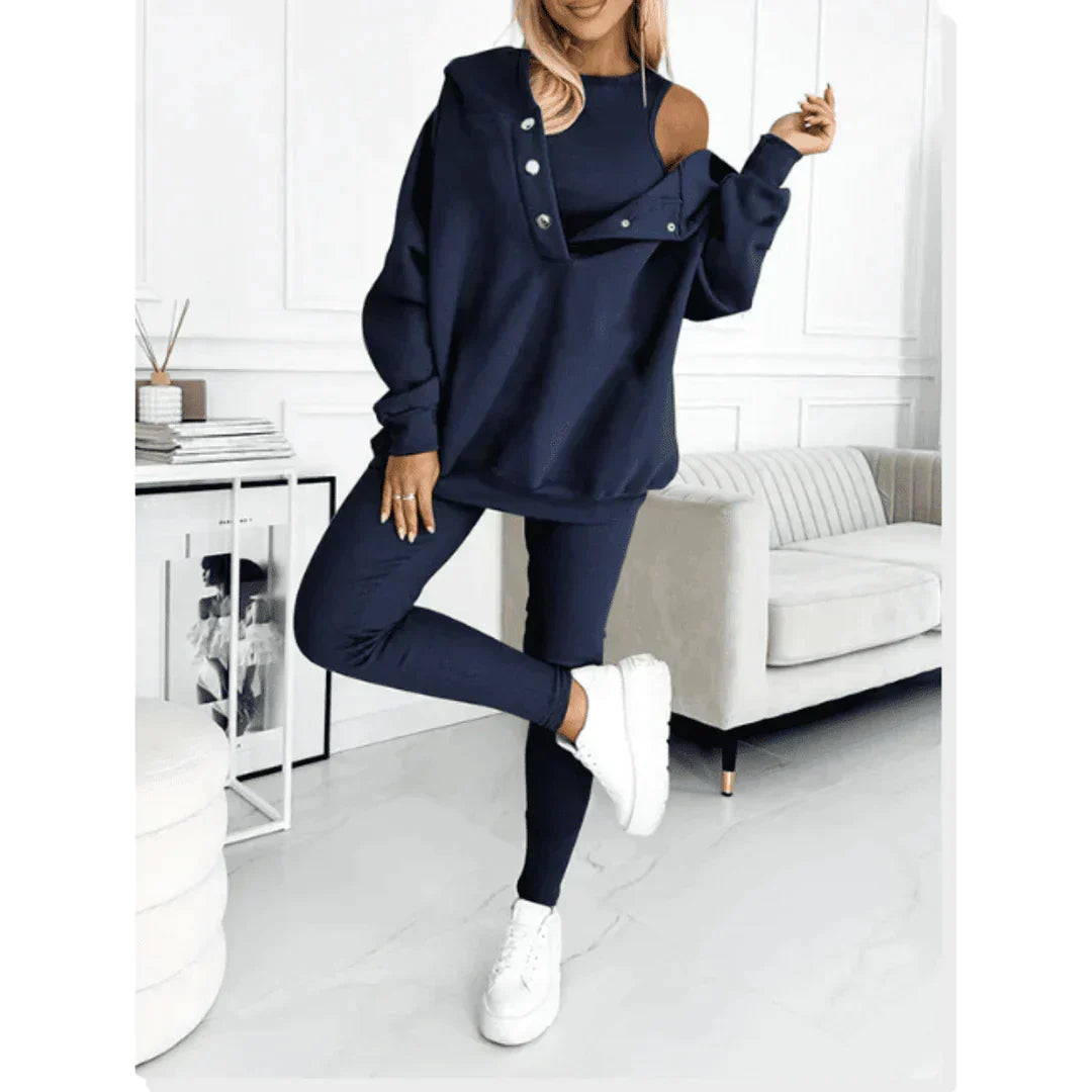 Women's 3-Piece Cotton Lounge Set with Sweatshirt and Pants | Relaxed Matching Outfit for Home and Days Out | Size S-3XL