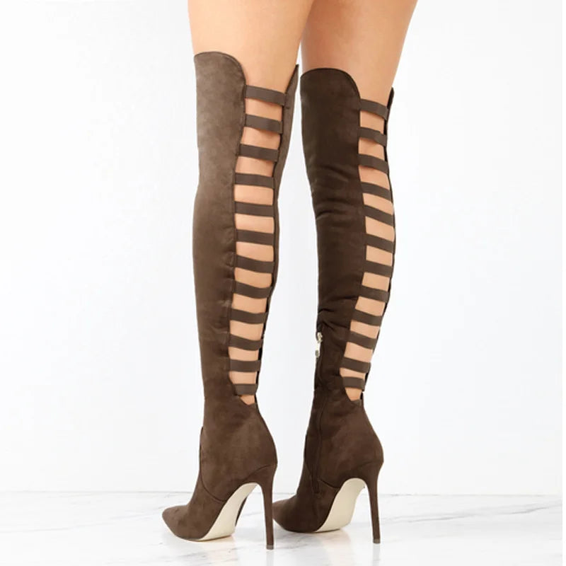 Women's Over the Knee Boots with Ladder Cutouts | Stiletto Heel, Back Zip, Fitted Shaft | Sizes 4-8, 3 Colors