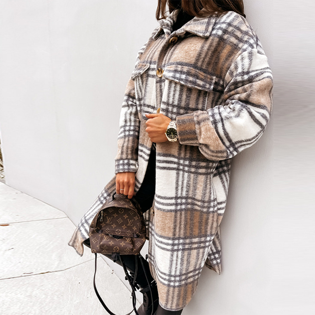 Women's Oversized Plaid Shacket with Chest Pockets | Longline Button-Front Jacket, Wool-Look Fabric | Size S-3XL