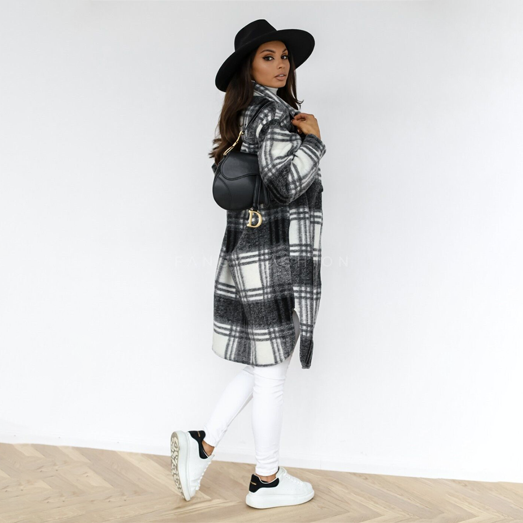 Women's Oversized Plaid Shacket with Chest Pockets | Longline Button-Front Jacket, Wool-Look Fabric | Size S-3XL