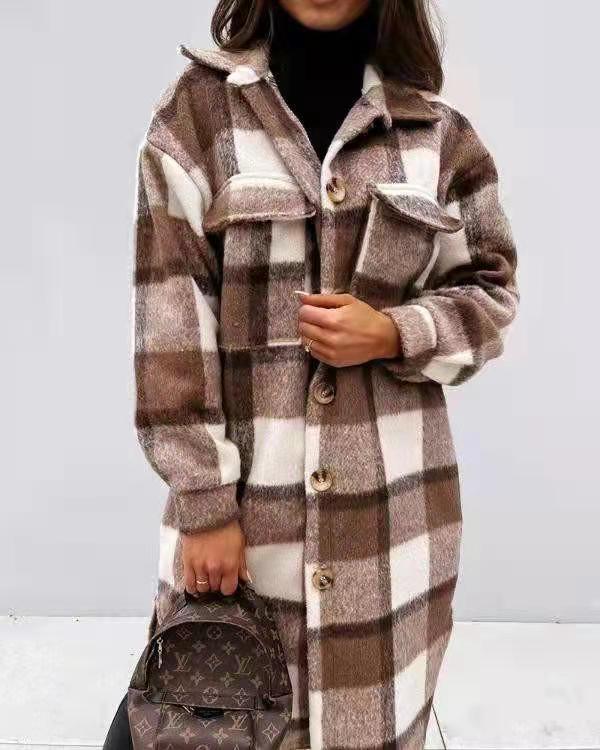 Women's Oversized Plaid Shacket with Chest Pockets | Longline Button-Front Jacket, Wool-Look Fabric | Size S-3XL