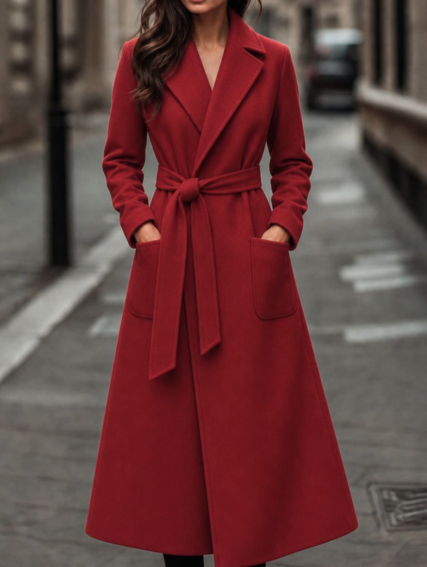 Women's Red Long Belted Coat with Wide Collar | Ankle-Length A-Line Overcoat with Two Patch Pockets | Size S-2XL