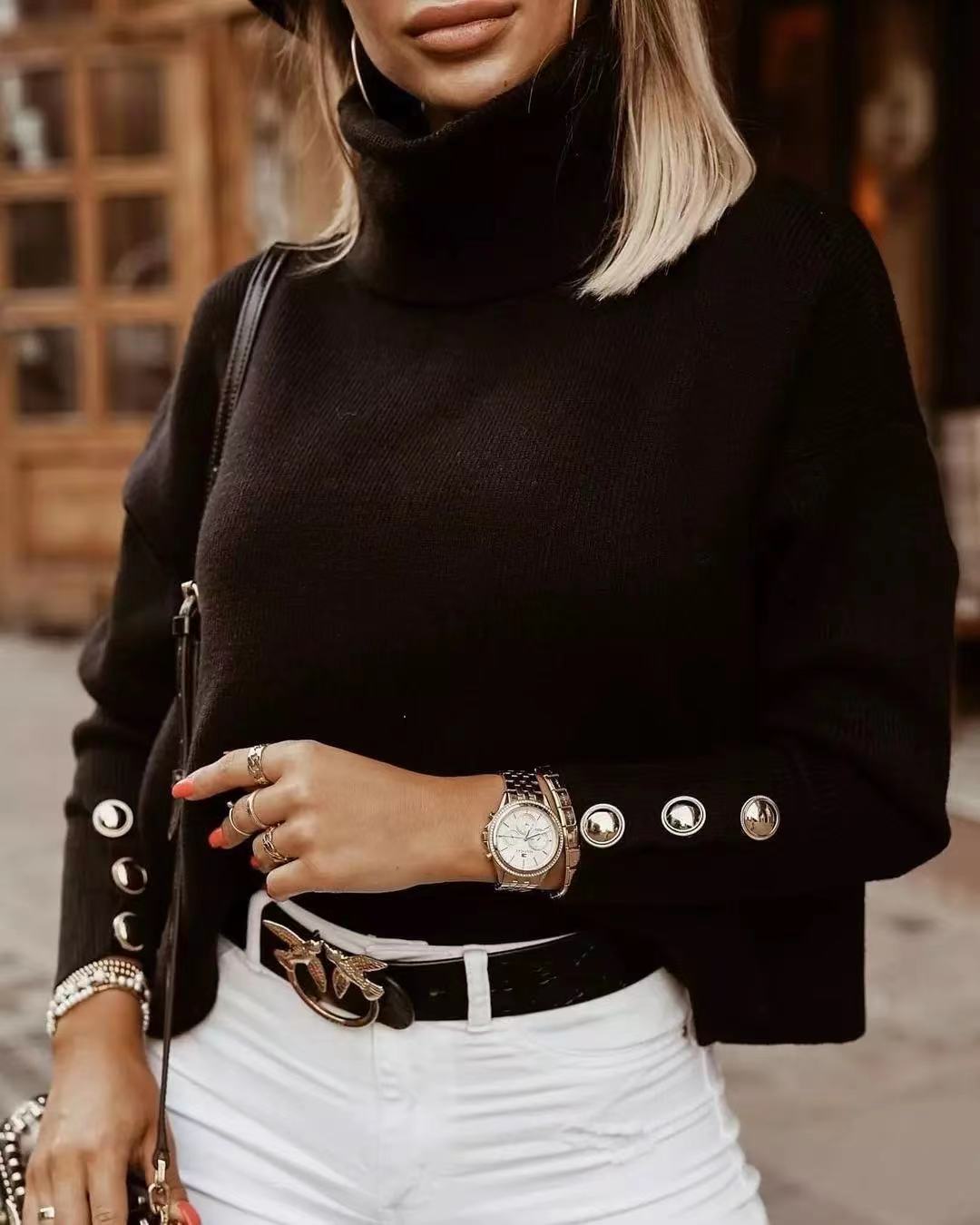 Women's Ribbed Turtleneck Sweater with Button Sleeve Detail | Stretch Knit Top, Relaxed Fit | Size S-2XL