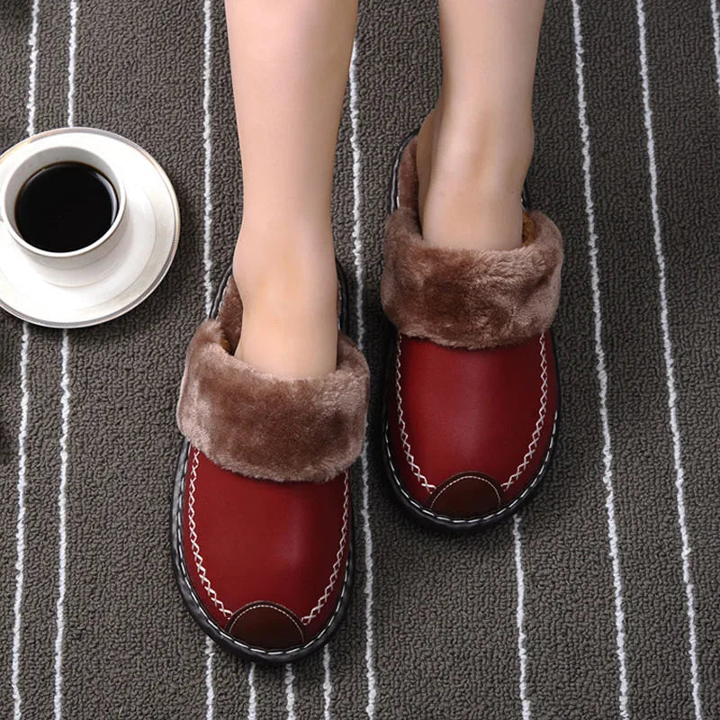 Women's Winter Slippers with a Leather Upper | Closed Toe Mules with a Plush Collar and an Open Back | 7 Colors