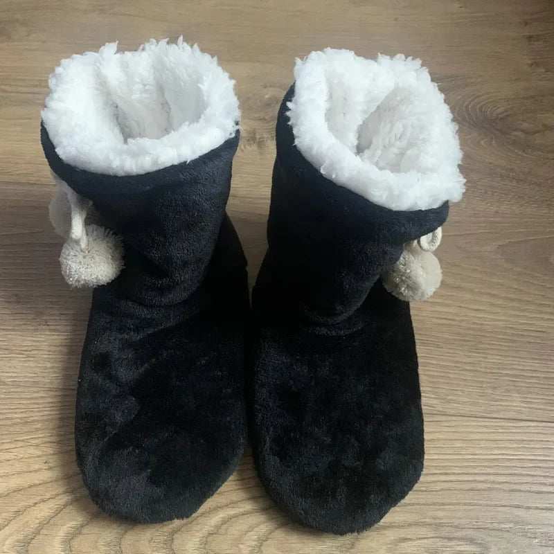 Women's Pom Pom Slipper Boots | Plush Lined Winter Slippers with Folded Ankle Cuffs and Side Ties | 4 Colors