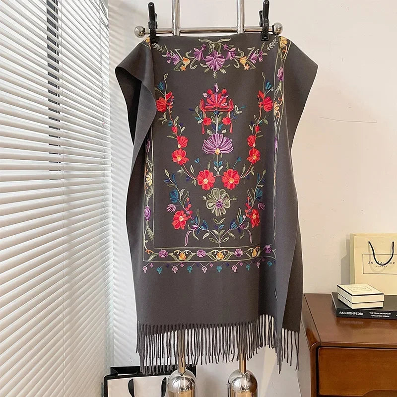 Women's Oversized Cashmere Wool Scarf | Floral Print with Fringed Edges | Winter Wrap in 6 Colors
