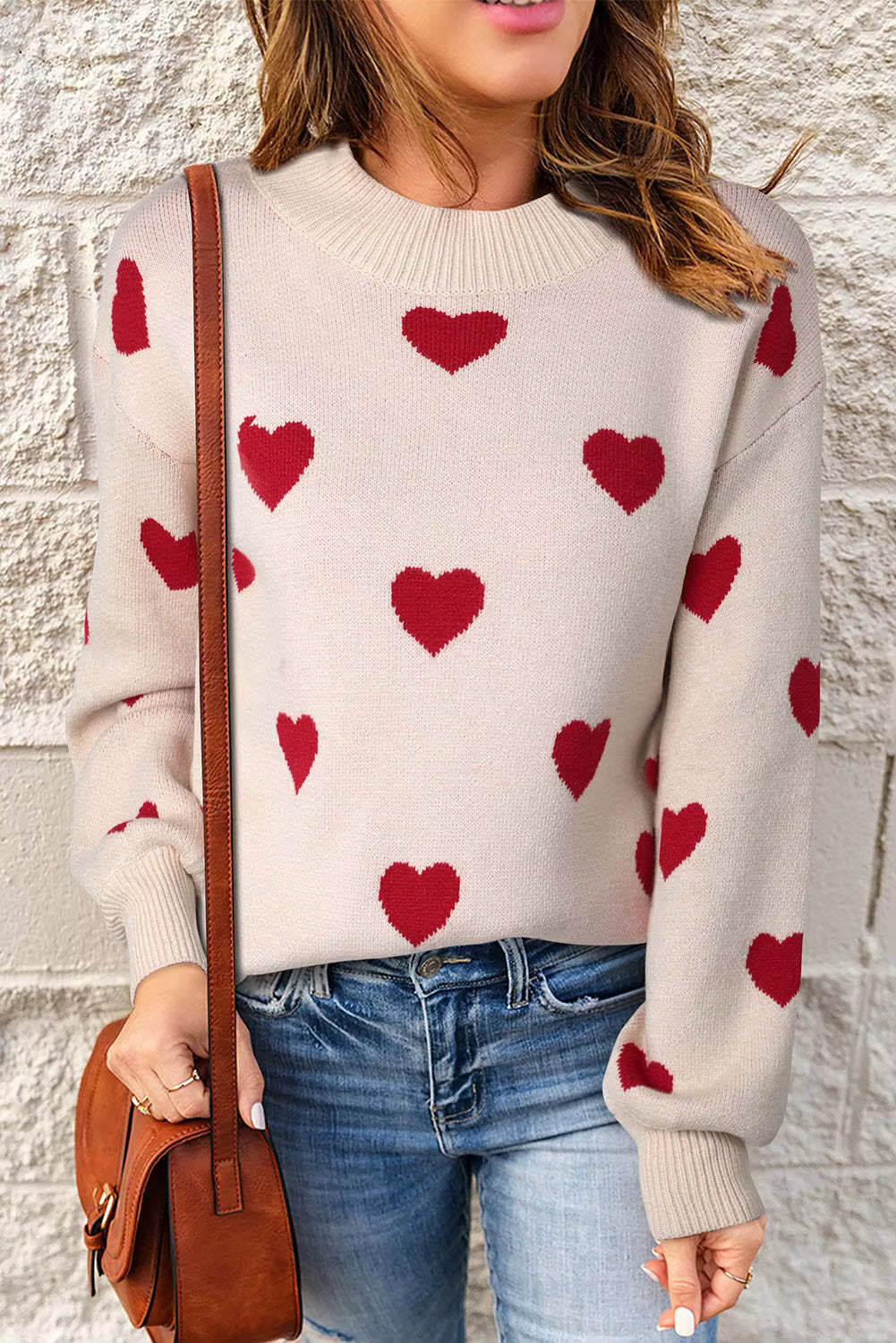 Women's Heart Pattern Knit Sweater | Lightweight Relaxed Pullover for Cold Mornings | Size S-2XL, White or Pink