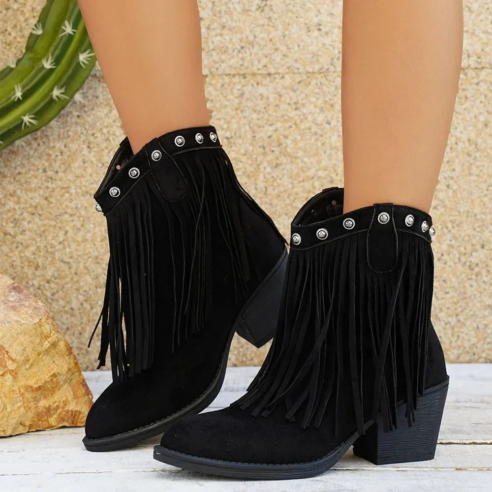Women's Fringe Cowboy Boots, Knee High Western Style | Wide Calf Shaft with Side Zip | Size 5.5-10.5