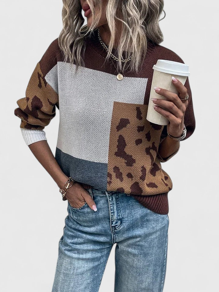 Women's Leopard Print Sweater with Patchwork Design | Warm, Breathable Jumper in a Relaxed Fit for Fall and Winter
