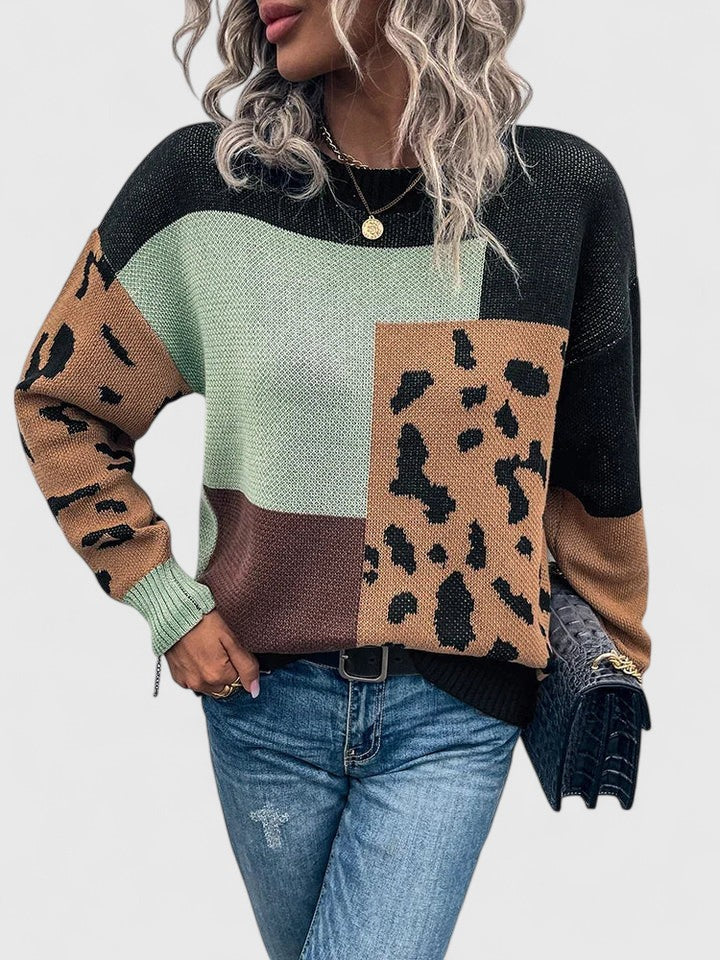 Women's Leopard Print Sweater with Patchwork Design | Warm, Breathable Jumper in a Relaxed Fit for Fall and Winter