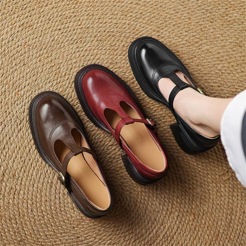 Women's Mary Jane Pumps with Gold Tone T-Strap Buckle | Round Toe, Wide Block Heel of 4-5 cm | Size 5-8, 3 Colors