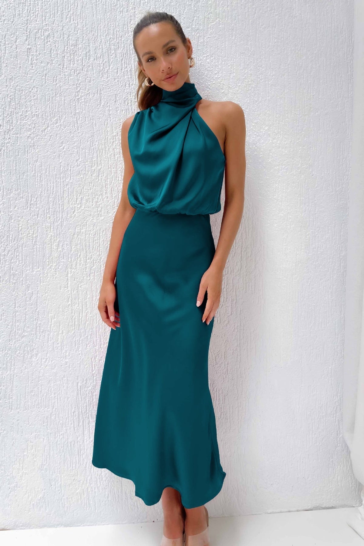 Women's Formal Wedding Guest Dress in Fluid Fabric | High Neck with Soft Sheen, Easy Movement | Size S-5XL, 9 Colors
