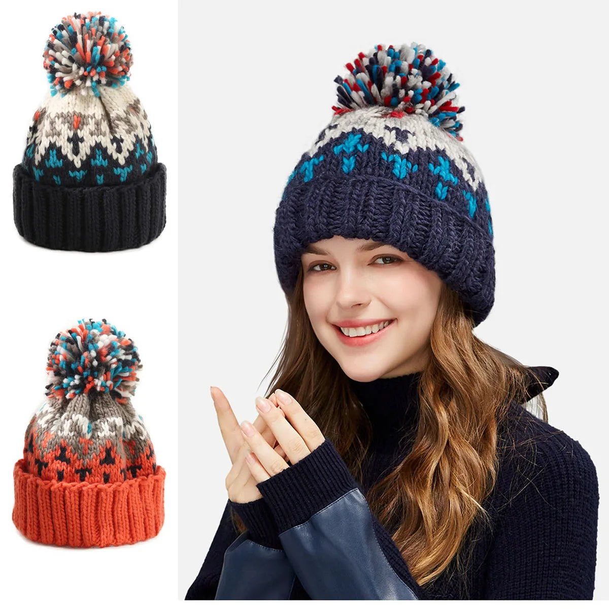 Women's Snowflake Pattern Knit Pom Beanie | Soft Stretch Knit, Fluffy Pom-Pom Top, One-Size Snug Fit | 5 Colors