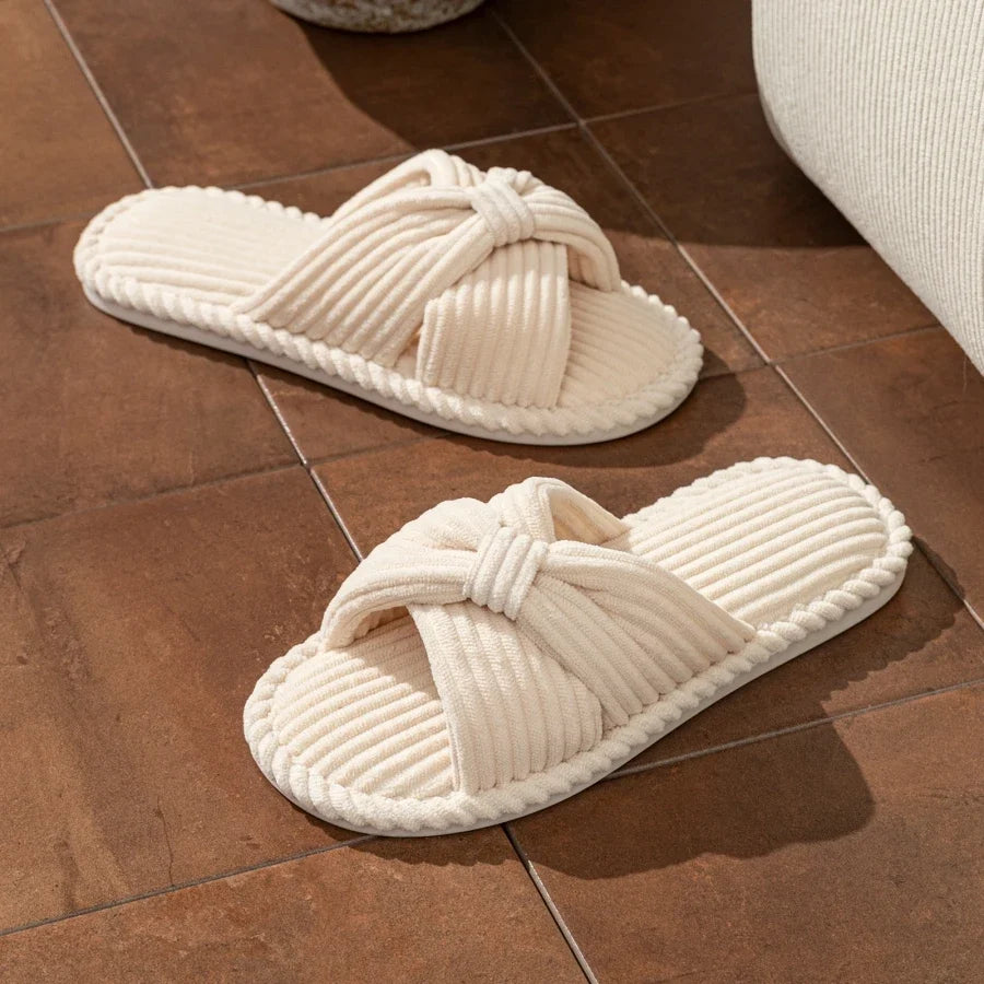 Women's Slide Slippers with a Knotted Bow | Corduroy Open Toe Mules with a Cushioned Insole | Sizes S to 2XL, 5 Colors