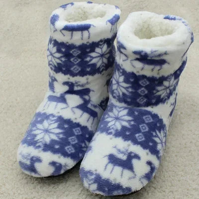 Women's Slipper Boots with Fold Over Cuffs | Plush Winter Slippers with a Snowflake and Reindeer Print | 7 Colors