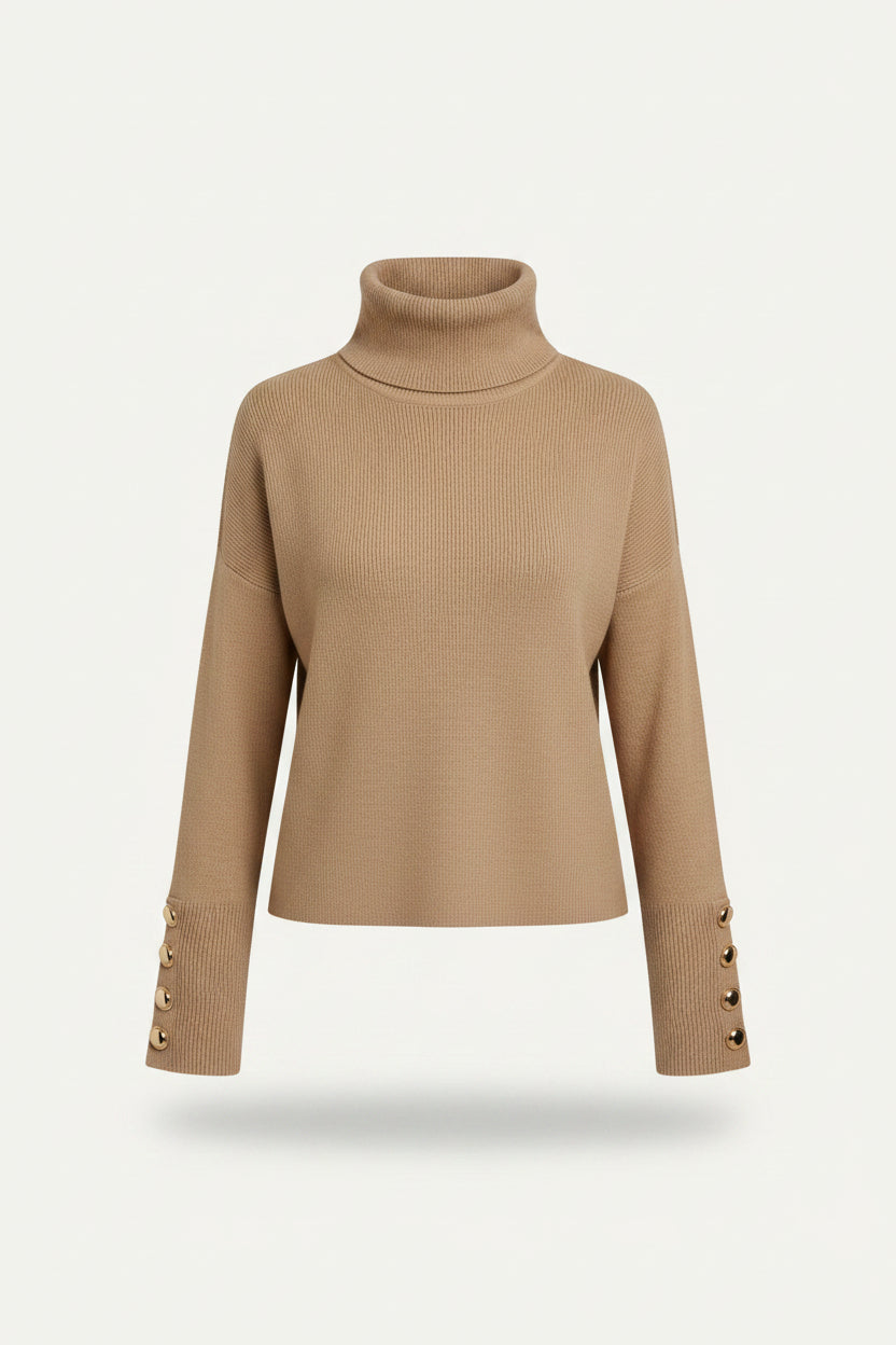 Women's Ribbed Turtleneck Sweater with Button Sleeve Detail | Stretch Knit Top, Relaxed Fit | Size S-2XL