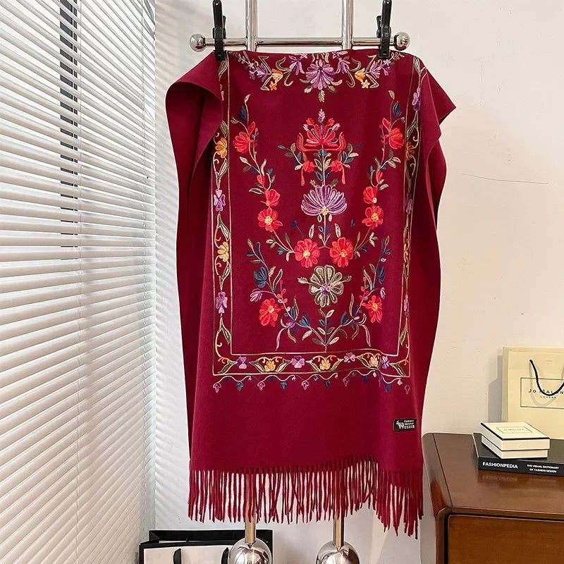 Women's Oversized Cashmere Wool Scarf | Floral Print with Fringed Edges | Winter Wrap in 6 Colors