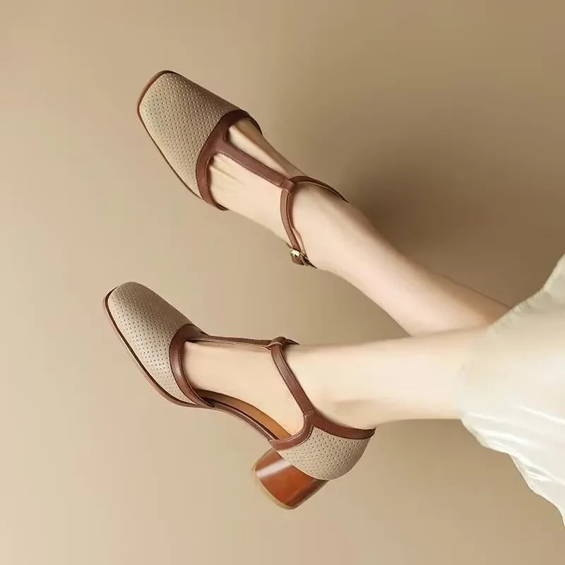 Women's Block Heel Pumps with T-Strap Buckle | Perforated Upper, Square Toe for Work and Ceremony | Size 5-8, Cream or Beige