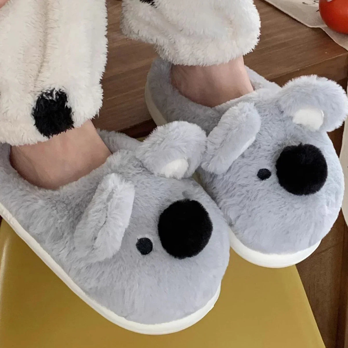 Women's Soft Slippers with a Koala Face | Plush Closed Toe Upper, Raised Ears, Open Back | Thick Flat Sole in Light Grey