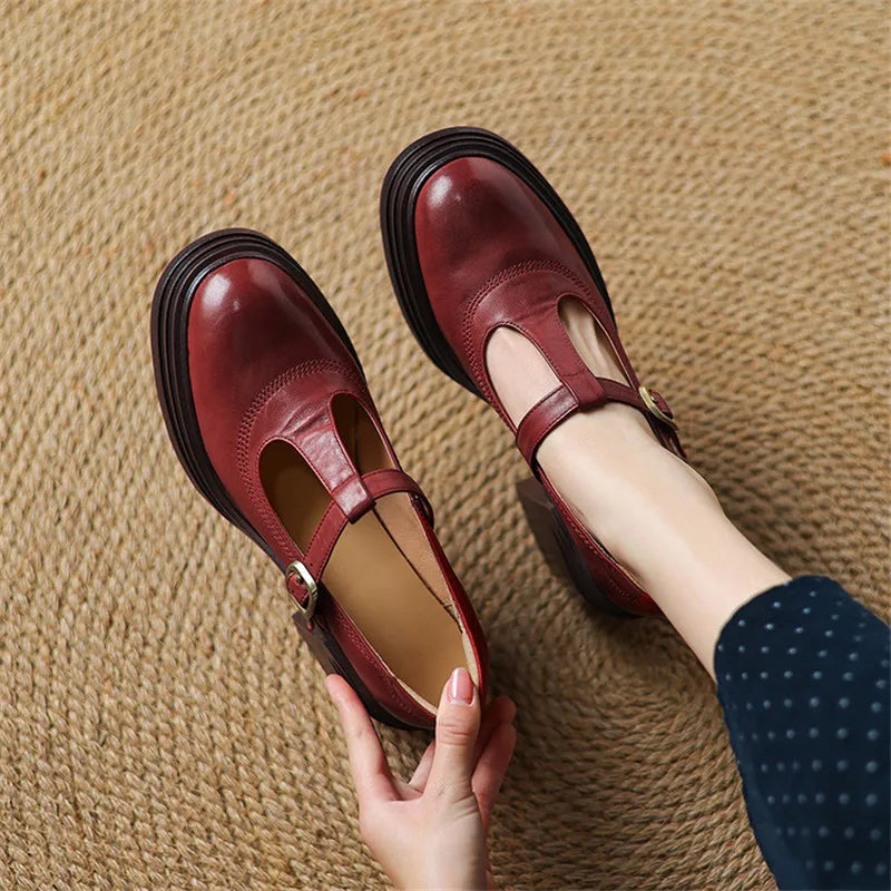 Women's Mary Jane Pumps with Gold Tone T-Strap Buckle | Round Toe, Wide Block Heel of 4-5 cm | Size 5-8, 3 Colors