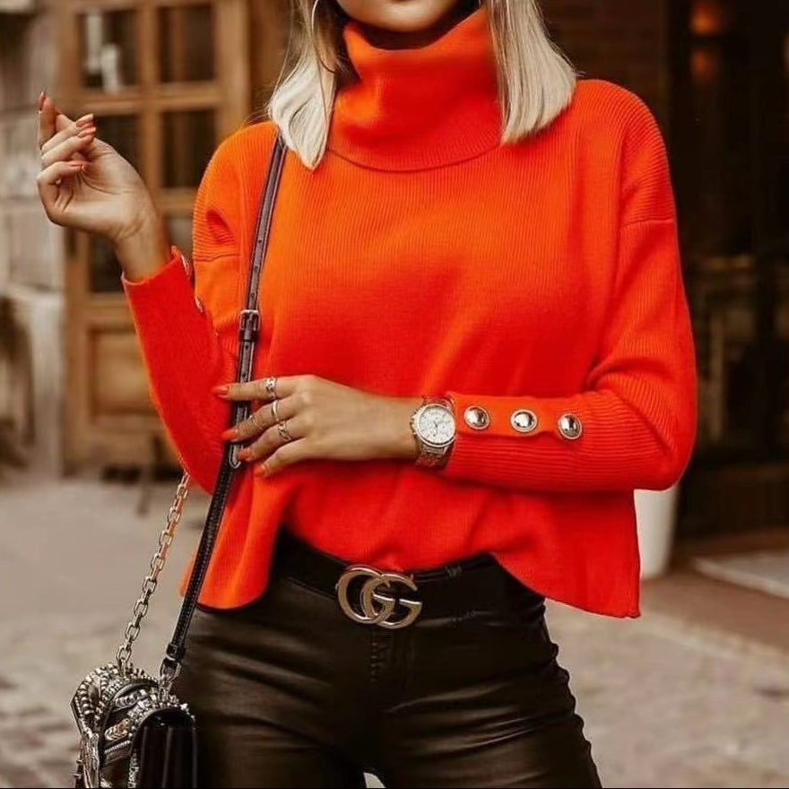 Women's Ribbed Turtleneck Sweater with Button Sleeve Detail | Stretch Knit Top, Relaxed Fit | Size S-2XL