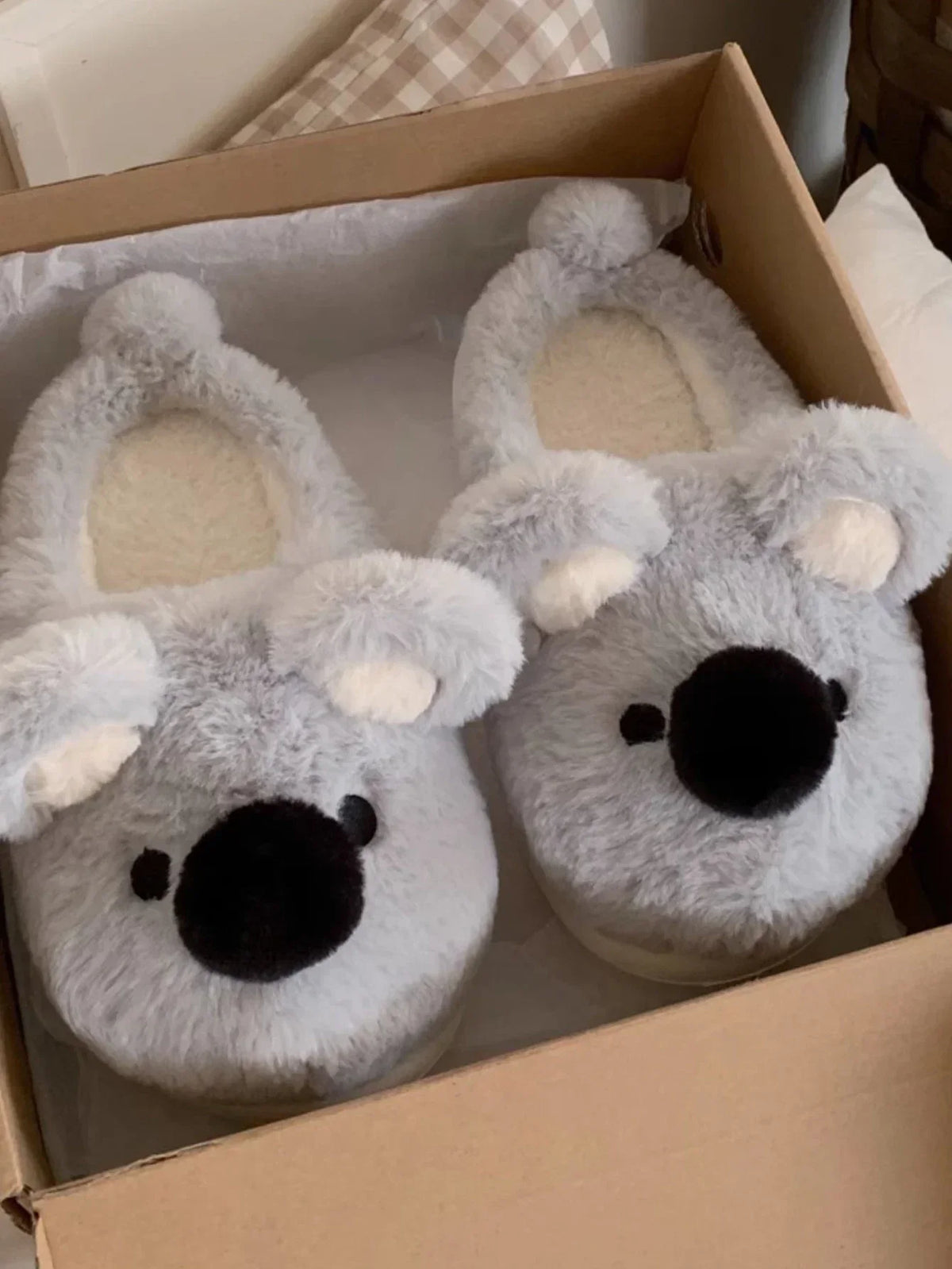 Women's Soft Slippers with a Koala Face | Plush Closed Toe Upper, Raised Ears, Open Back | Thick Flat Sole in Light Grey