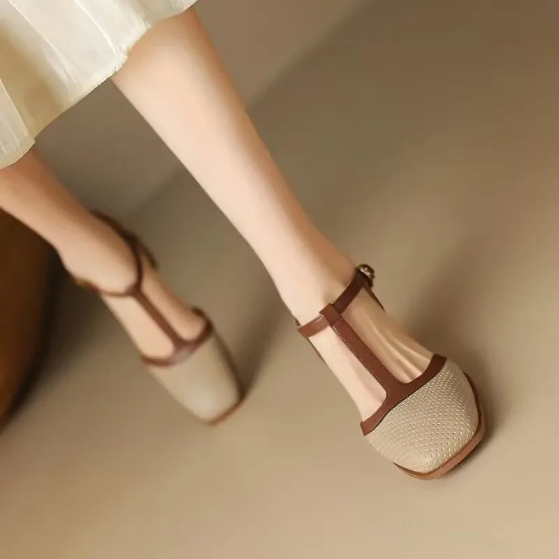 Women's Block Heel Pumps with T-Strap Buckle | Perforated Upper, Square Toe for Work and Ceremony | Size 5-8, Cream or Beige