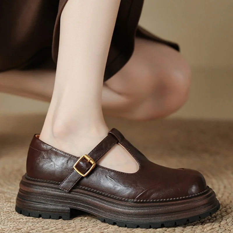 Women's T Strap Ballet Flats with an Adjustable Buckle | Round Toe with Brogue Perforations, Low Heel | Size 5-9.5, 2 Colors