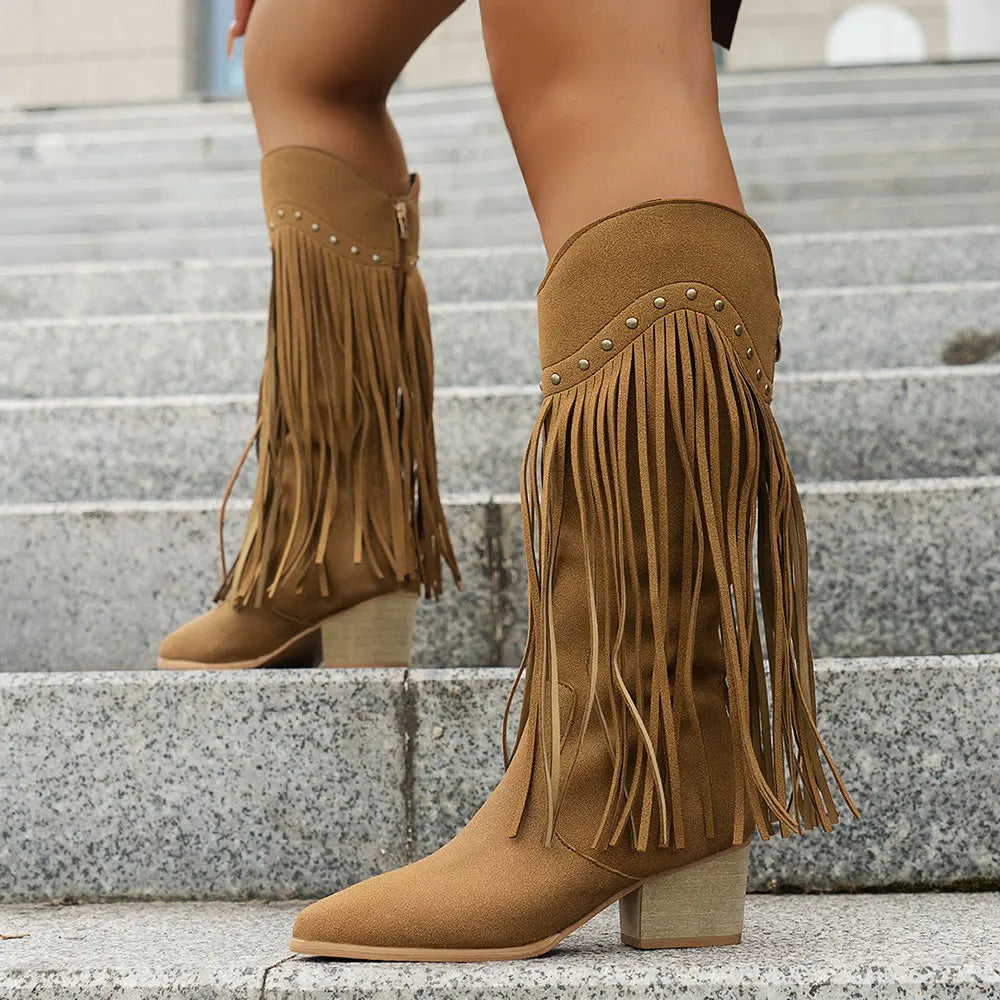 Women's Fringe Cowboy Boots, Knee High Western Style | Wide Calf Shaft with Side Zip | Size 5.5-10.5