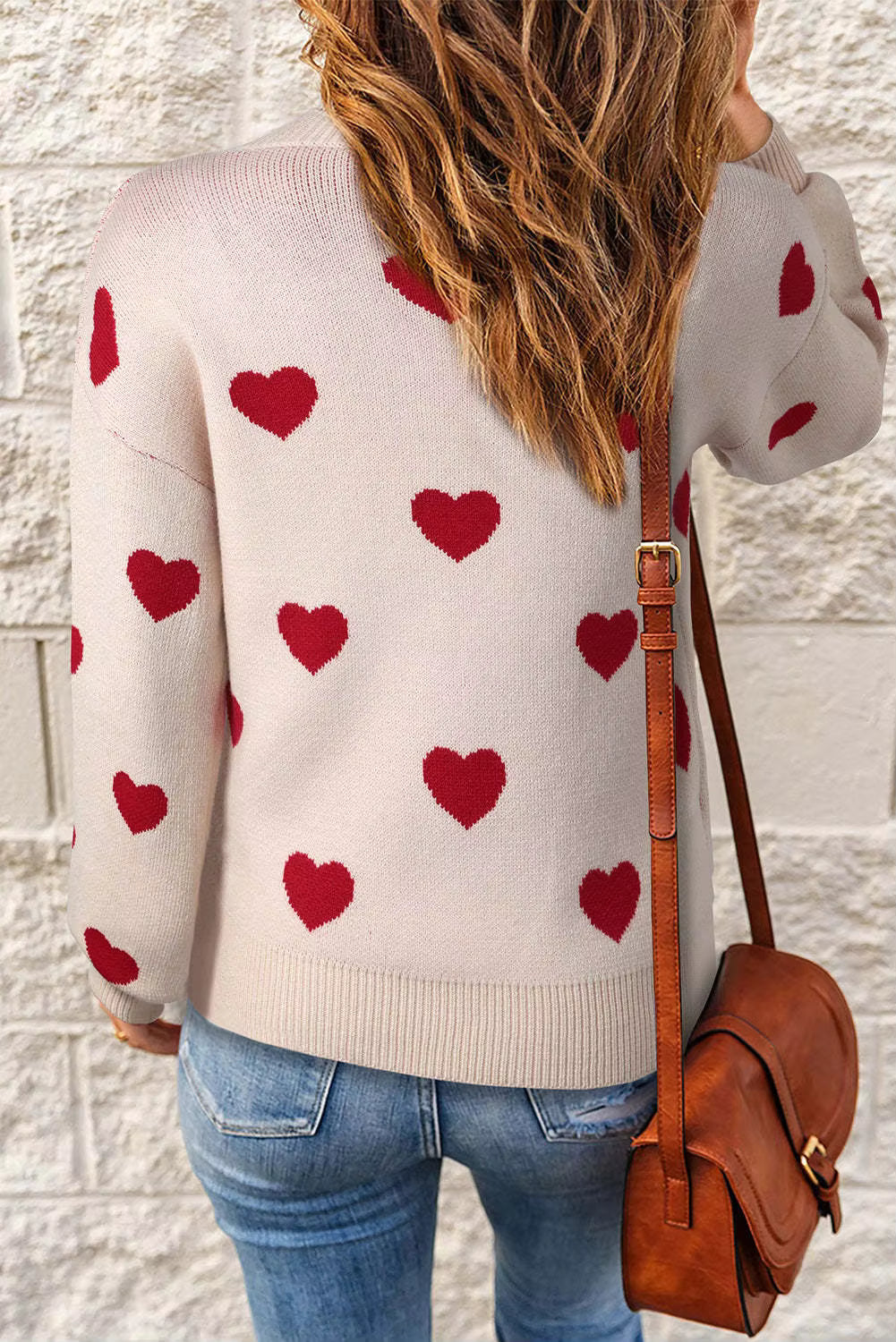 Women's Heart Pattern Knit Sweater | Lightweight Relaxed Pullover for Cold Mornings | Size S-2XL, White or Pink