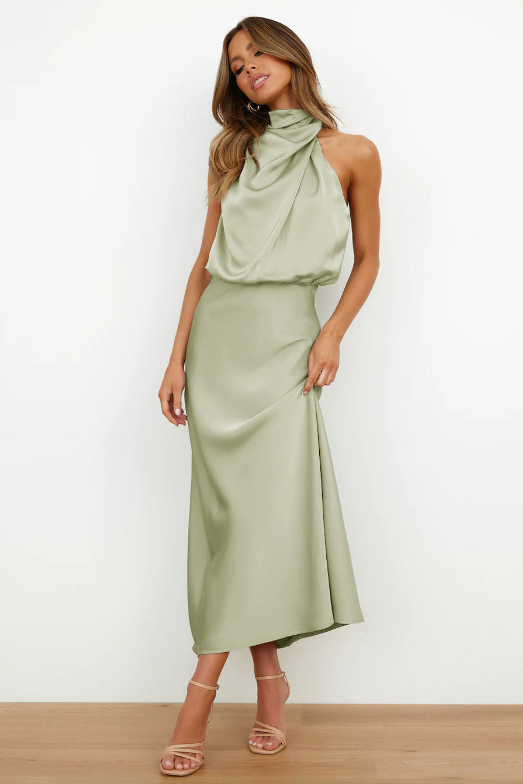 Women's Formal Wedding Guest Dress in Fluid Fabric | High Neck with Soft Sheen, Easy Movement | Size S-5XL, 9 Colors