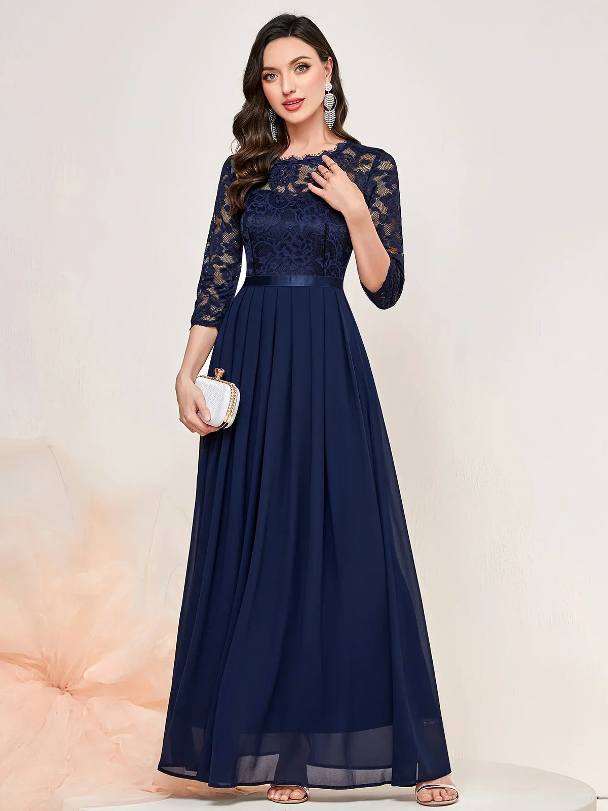 Women's Lace Overlay Maxi Dress with 3/4 Sleeves | Pleated Floor Length Skirt | Size S-2XL, 4 Colors