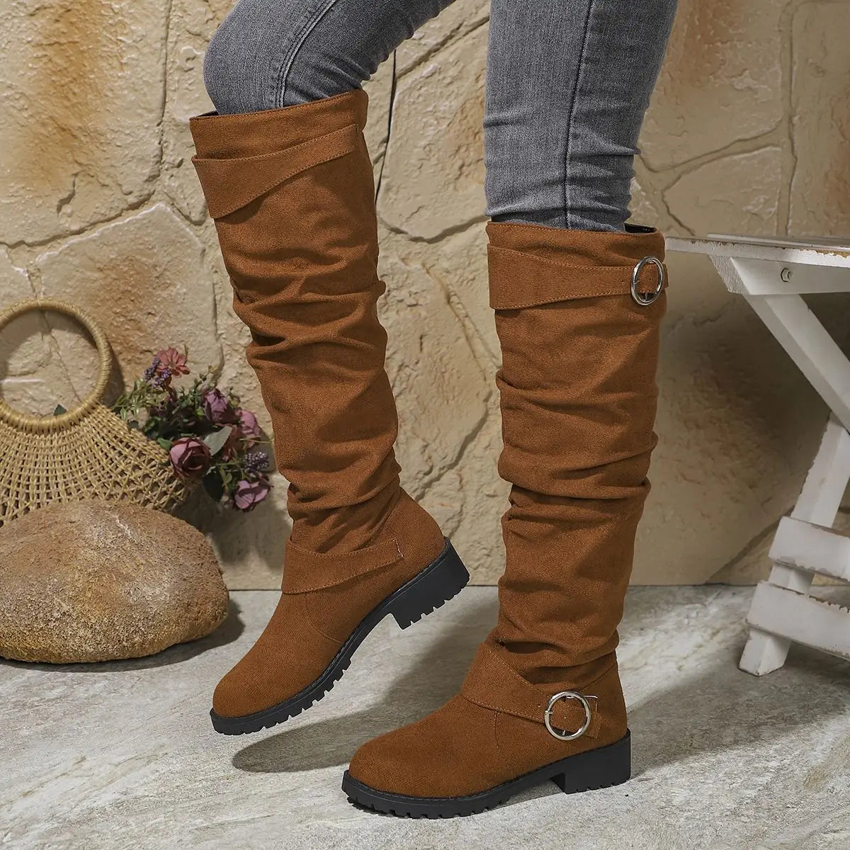 Women's Knee High Boots with a Slouchy Shaft | Buckle Accents, Block Sole, 18.5 Inch Height | 6 Colors