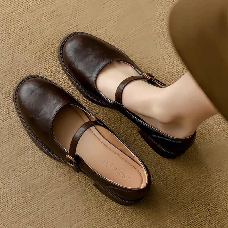 Women's Faux Leather Mary Jane Shoes | Buckle Strap, Round Toe and Low Block Heel | Size 5-8, Brown or Black