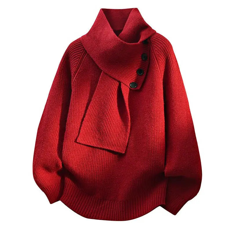 Women's Cozy Scarf-Neck Knit Sweater | Draped Collar Detail, Long Sleeves, Softly Relaxed Everyday Fit | 5 Colors